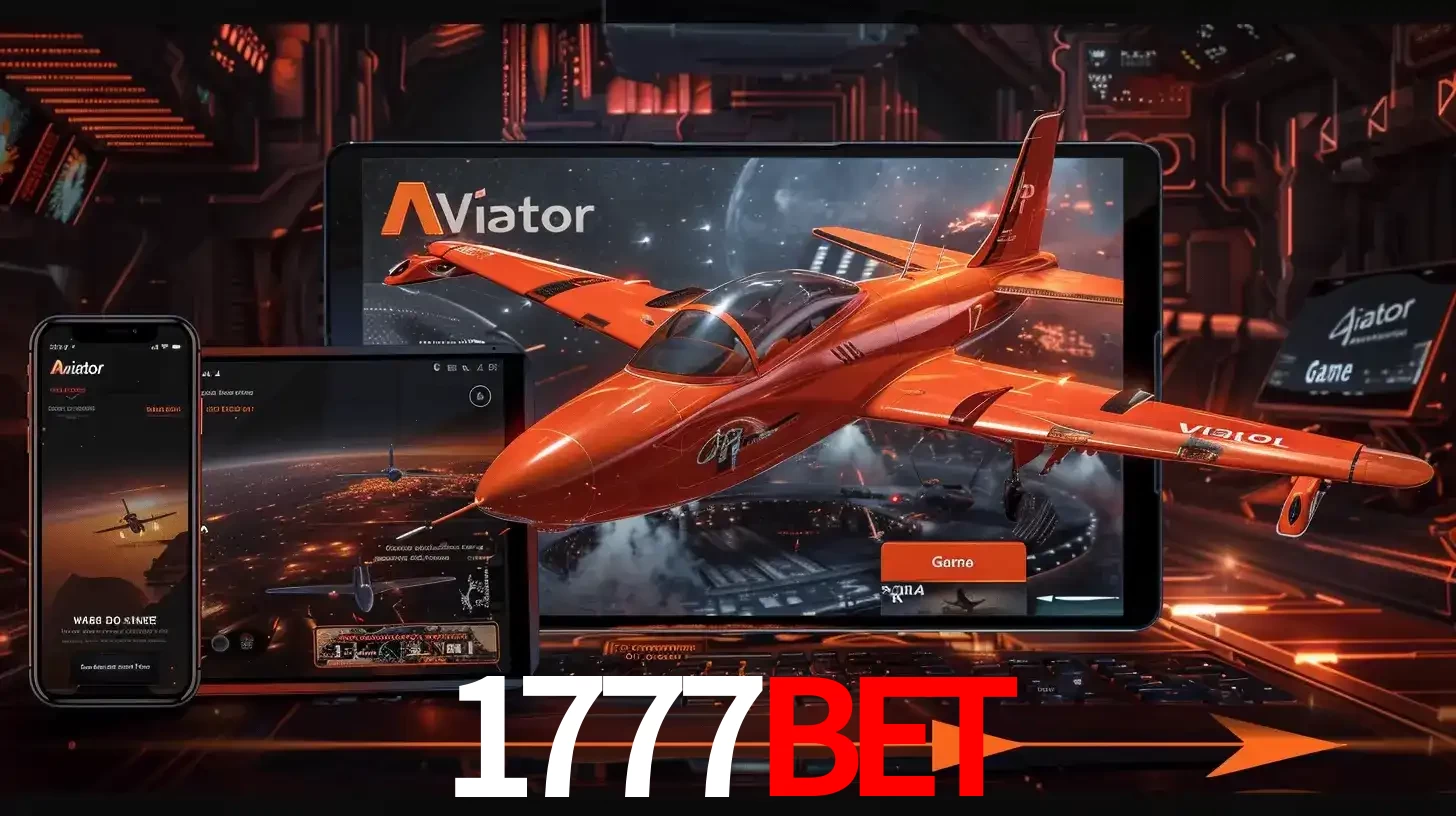 Apresentação tecnológica do jogo Aviator com um avião saindo da tela de um tablet, demonstrando a experiência imersiva em múltiplos dispositivos no 1777BET.