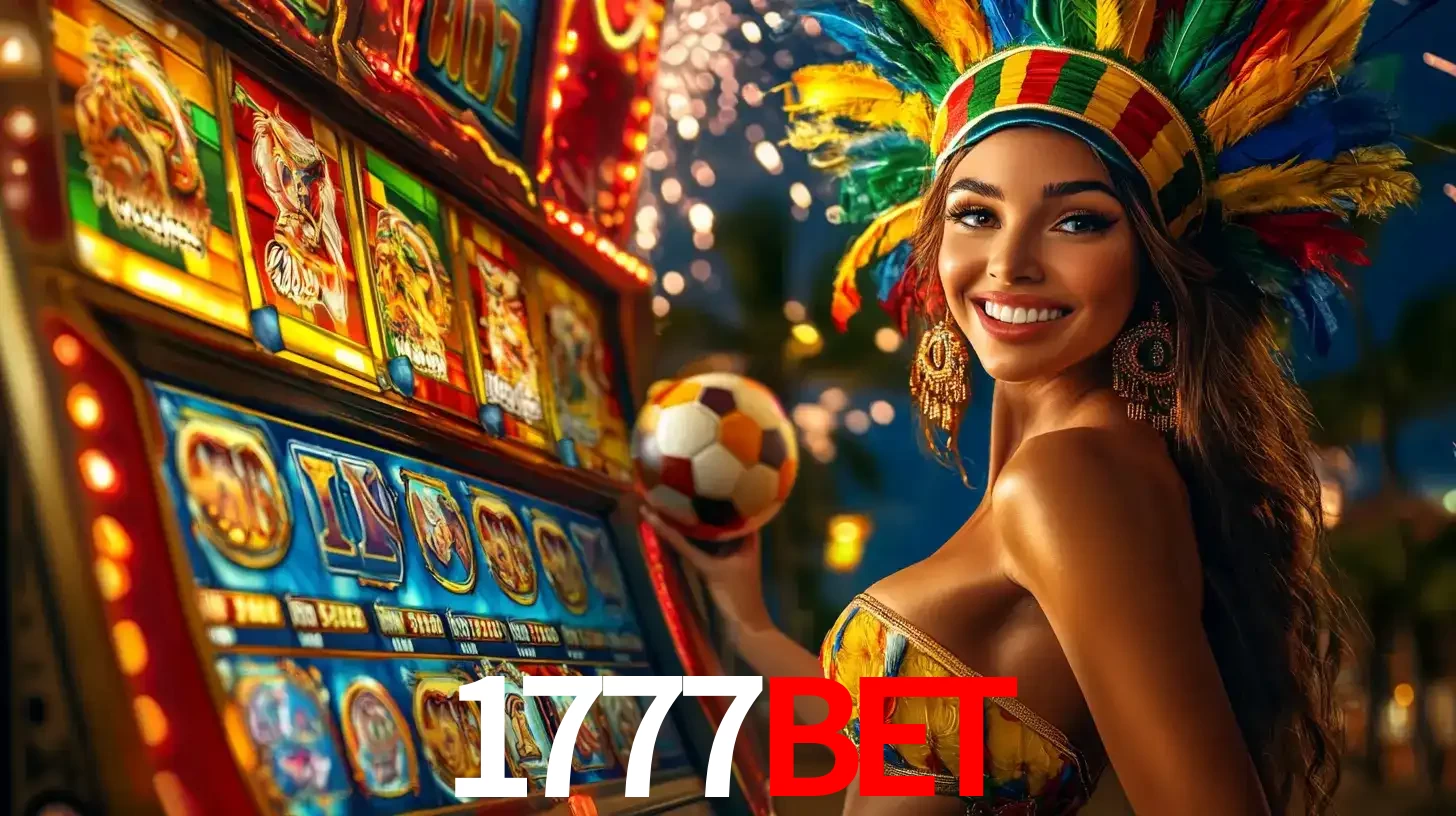 Mulher com um cocar de carnaval ao lado de uma máquina de caça-níqueis enquanto segura uma bola de futebol, mostrando a união da diversão de cassino e esportes no 1777BET.