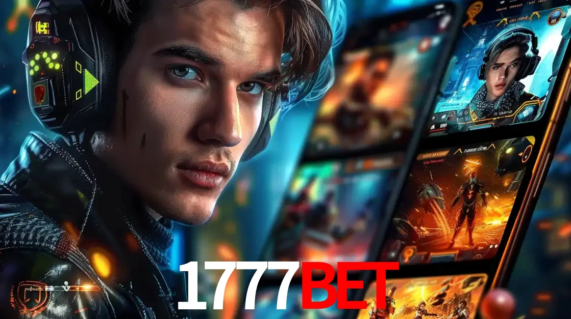 Jovem jogador com fones de ouvido olhando para a câmera, com um aplicativo de jogos e e-sports para celular ao fundo, pronto para a competição e apostas no 1777BET.