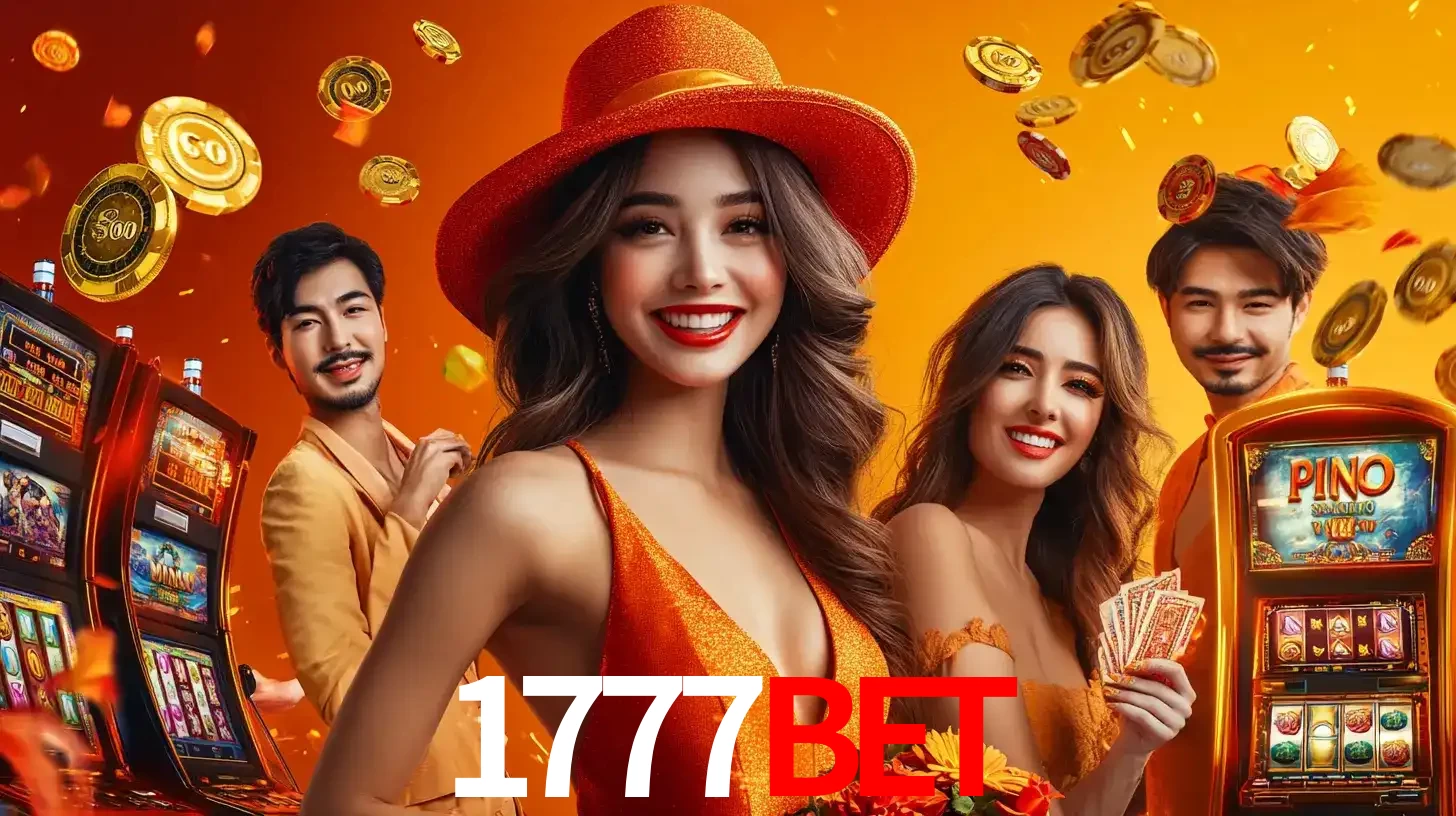 Grupo de amigos asiáticos sorrindo e se divertindo com máquinas de caça-níqueis em um ambiente festivo, celebrando suas vitórias nos jogos de cassino do 1777BET.