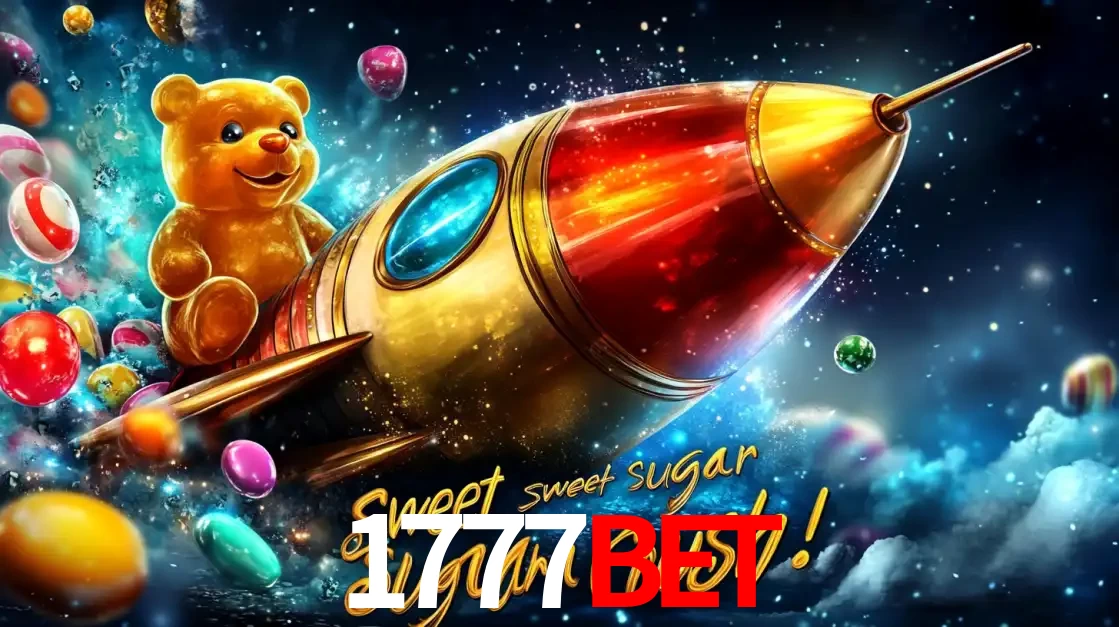 Arte promocional do jogo de slot Sugar Rush, com um urso de pelúcia em um foguete viajando pelo espaço de doces, um dos jogos divertidos disponíveis no cassino 1777BET.